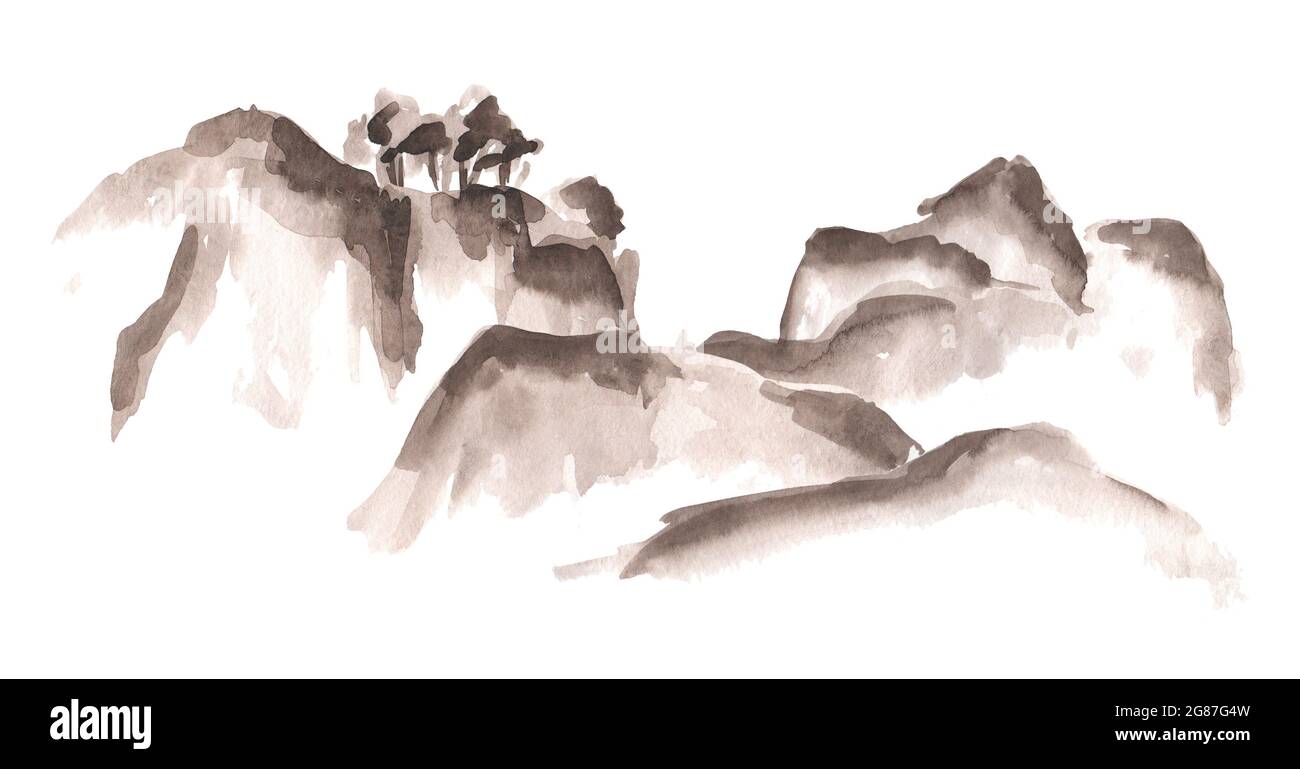 Montagnes, chinois asiatique et japonais dans le style oriental. Illustration aquarelle dessinée à la main, isolée sur fond blanc Banque D'Images