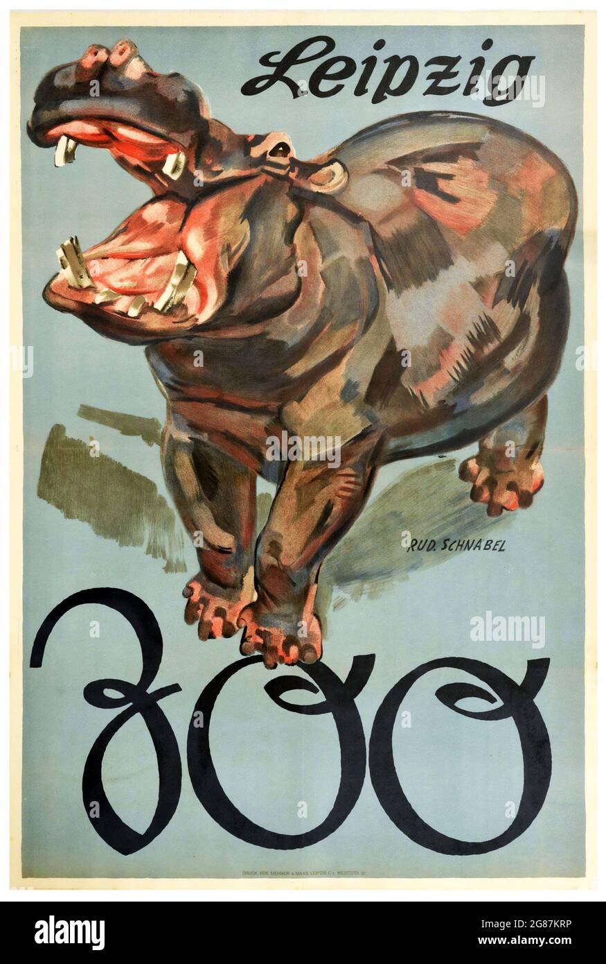 Affiche vintage – œuvres de R. Schnabel – Leipzig Zoo Germany – affiche « Hippo » Hippopotamus Art Design Travel. années 1950. Banque D'Images