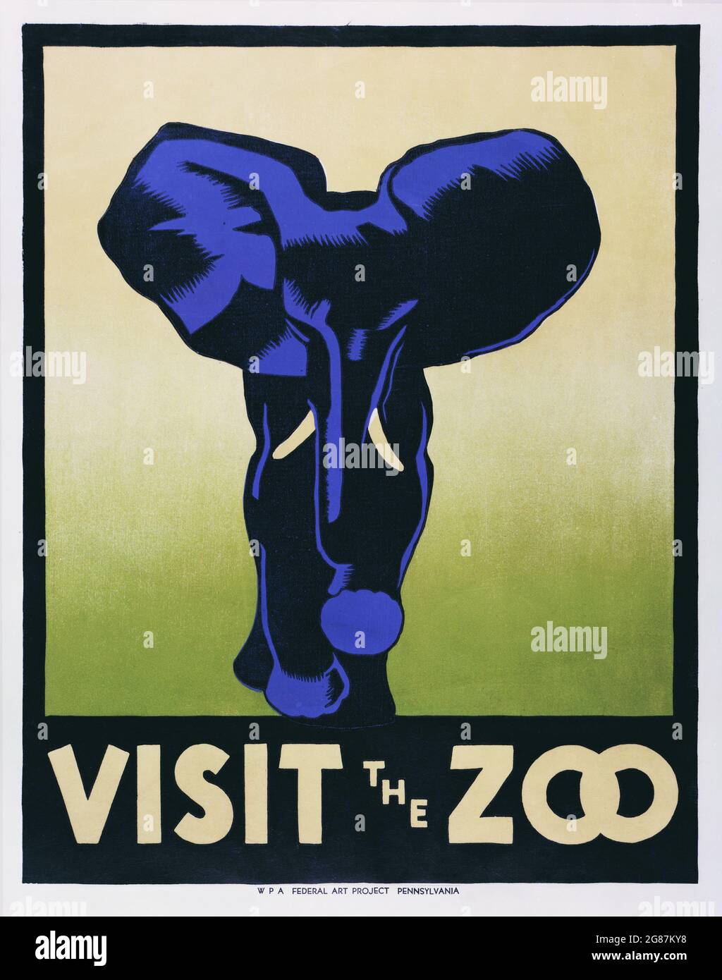 Affiche / signe vintage. VISITEZ LE ZOO. Pennsylvanie, WPA Federal Art Project. C 1936. Affiche conçue par Hugh Stevenson. Gravure sur bois. Banque D'Images
