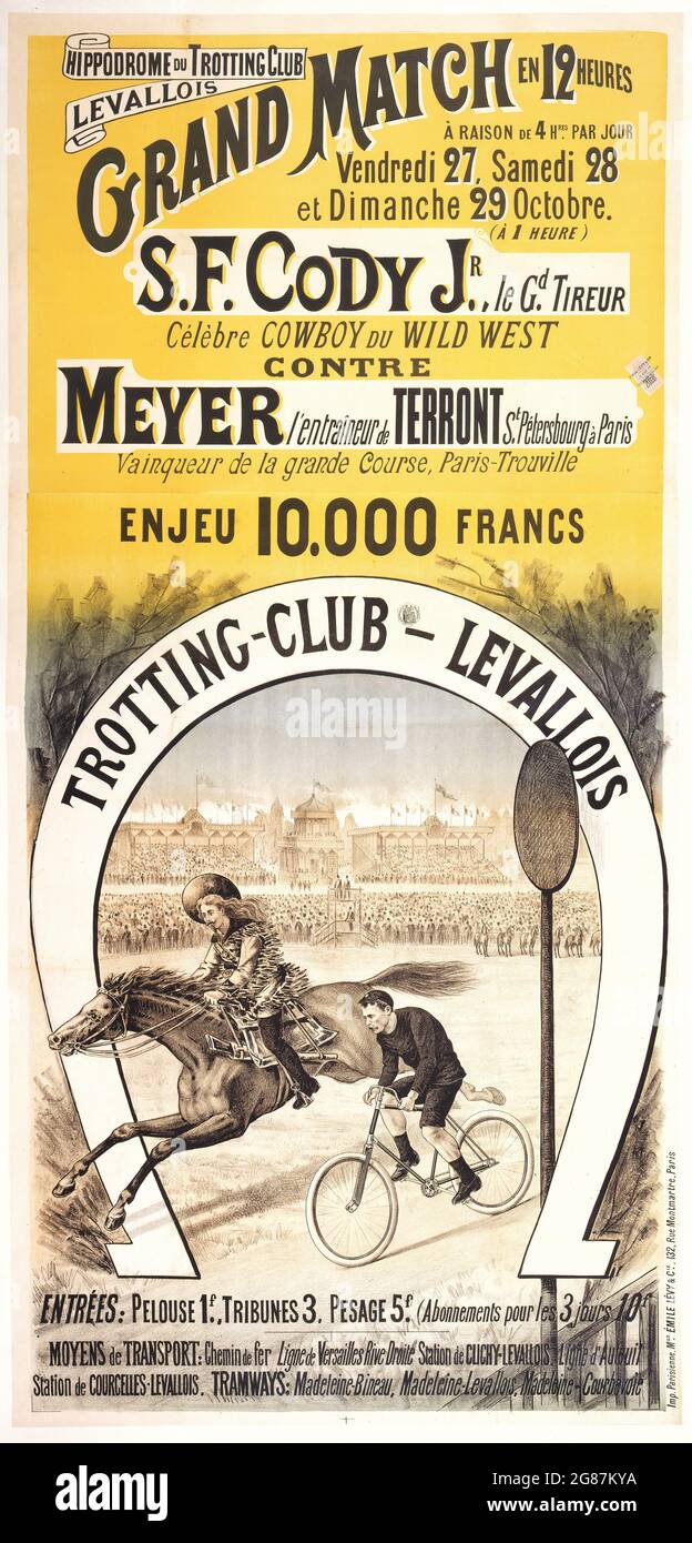 Hippodrome du Trotting Club Levallois – Grand Match en 12 heures: S. F. Cody Jr. (Samuel Franklin) 'cyclistes contre cavaliers' 1893. Banque D'Images