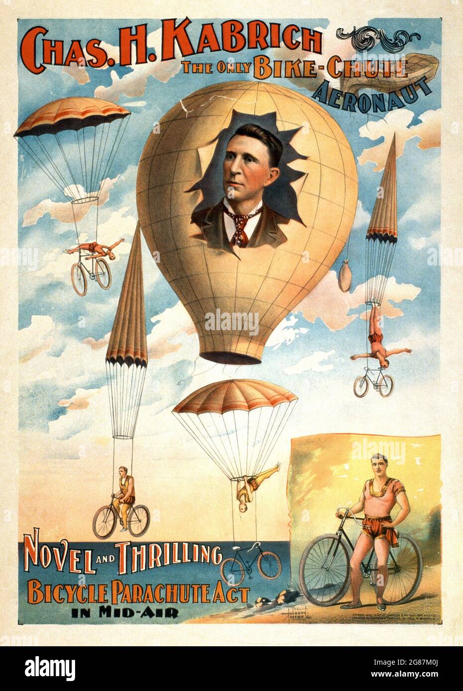 Publicité vintage. Affiche classique / annonce. CH. H. Kabrich le seul aéronautique de Bike-chute. Original et passionnant. Parachute de vélo Act en plein air. Banque D'Images
