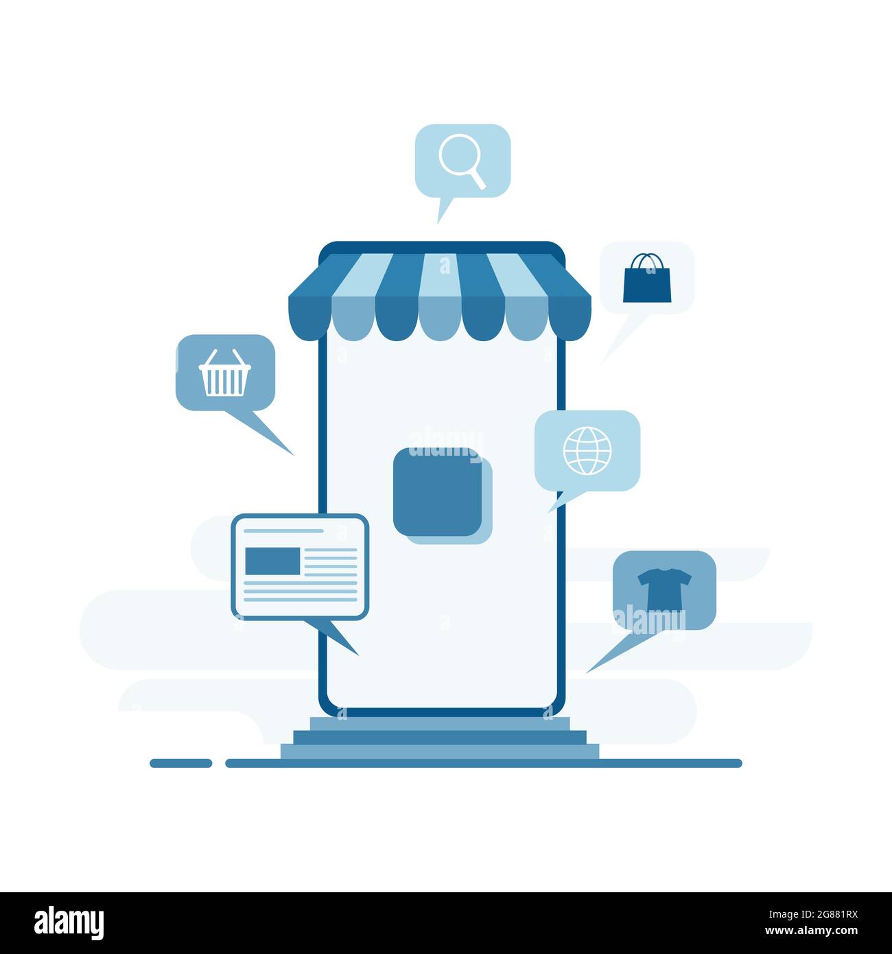 Concept d'achat en ligne avec des bulles d'expression des marchandises qui volent autour d'un smartphone. Illustration de Vecteur