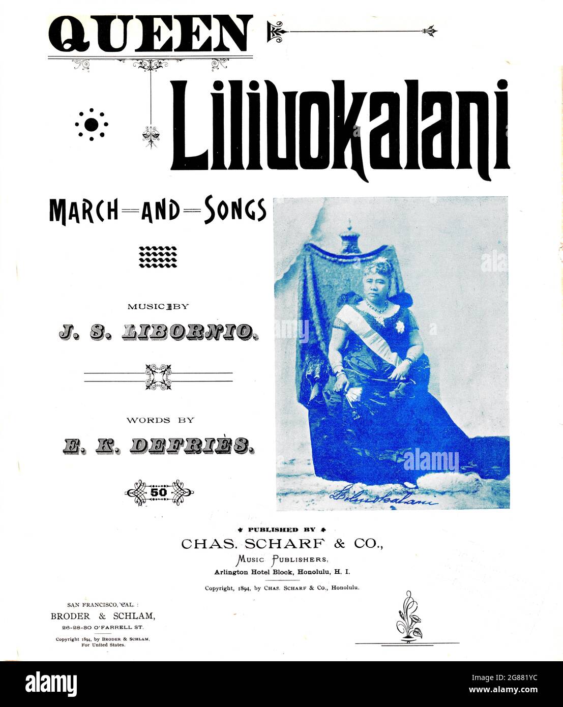 La reine Liliuokalani Mars 1894 Hawaiian a publié une partitions de musique avec un portrait de la reine en costume royal complet. Banque D'Images