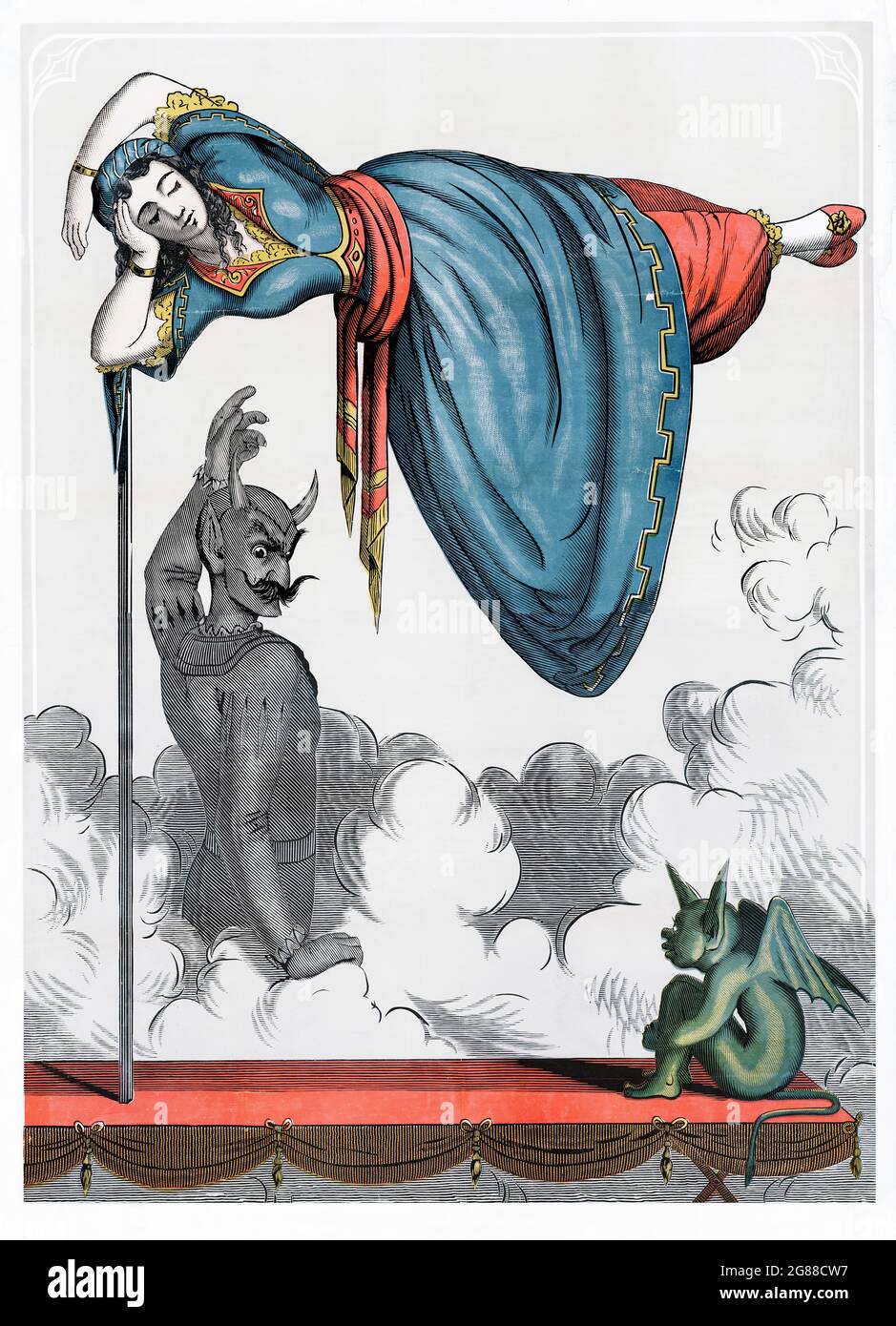 Devils et fille flottante, affiche de cirque – numériquement améliorée. 1870. Affiche montre une femme dormant en milieu d'air avec des diables en dessous. Tour magique. Banque D'Images