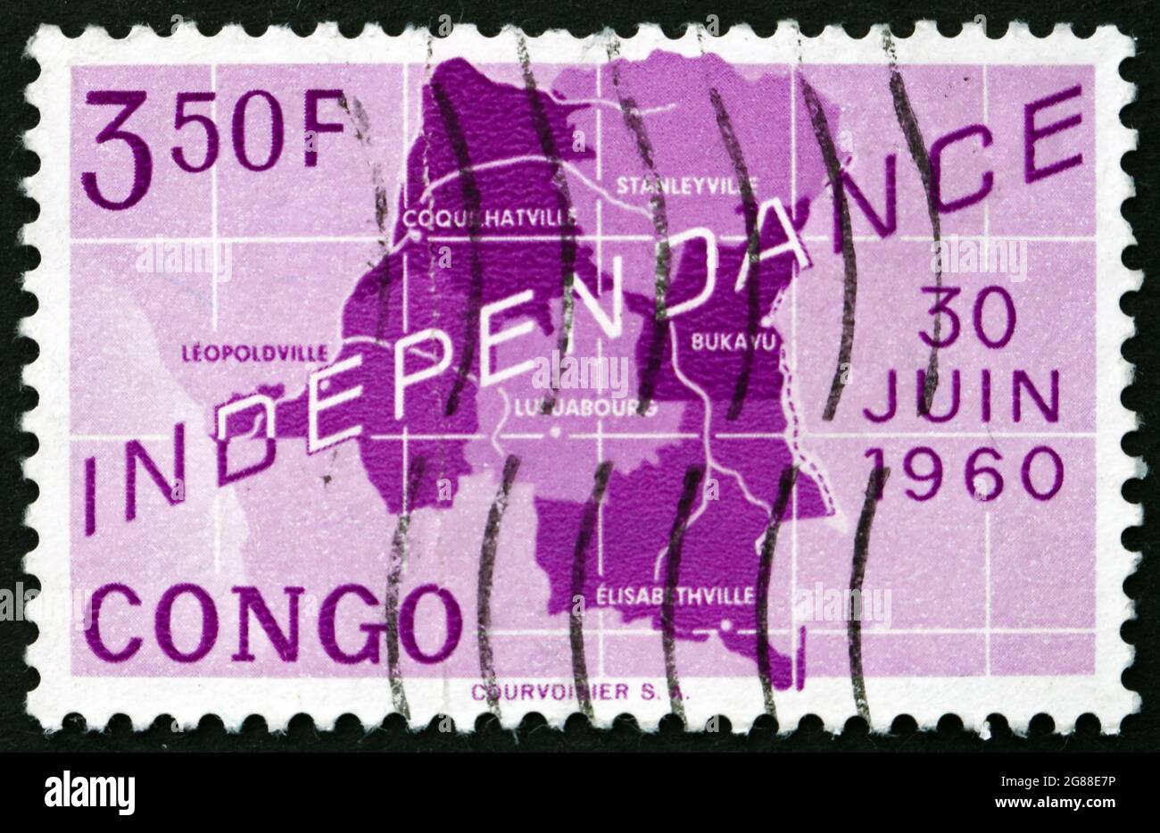 CONGO - VERS 1960: Un timbre imprimé au Congo montre la carte du Congo, l'indépendance du Congo, vers 1960 Banque D'Images