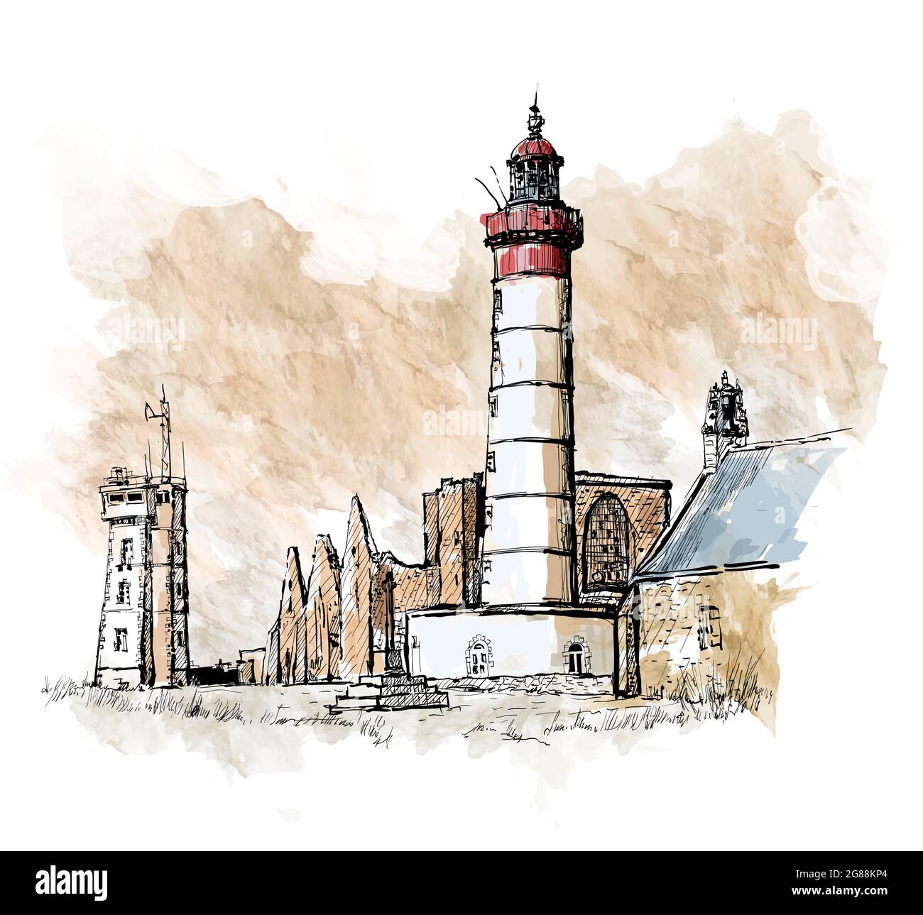 Dessin et aquarelle du phare de Saint Mathieu et des ruines de l'ancienne abbaye en Bretagne, France - illustration vectorielle Illustration de Vecteur