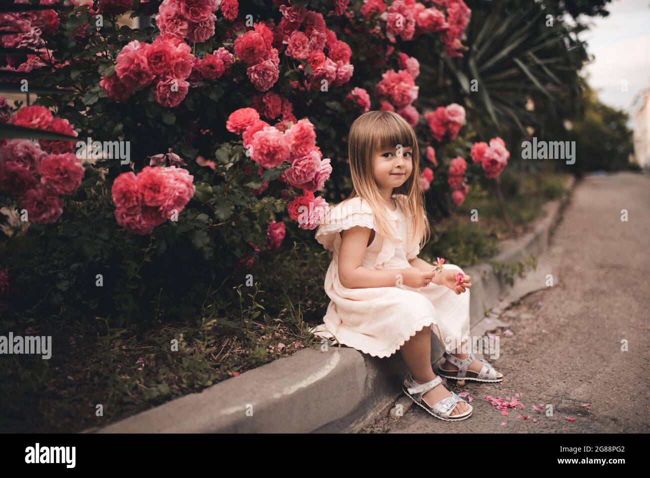 Drôle mignon enfant fille 3-4 ans vêtements élégant posant avec fleurs roses roses dans le parc à la rue de la ville à l'extérieur de près. Saison d'été. CH Banque D'Images