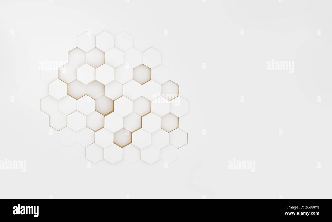 Arrière-plan abstrait hexagonal blanc et doré avec espace de copie. rendu 3d. Banque D'Images