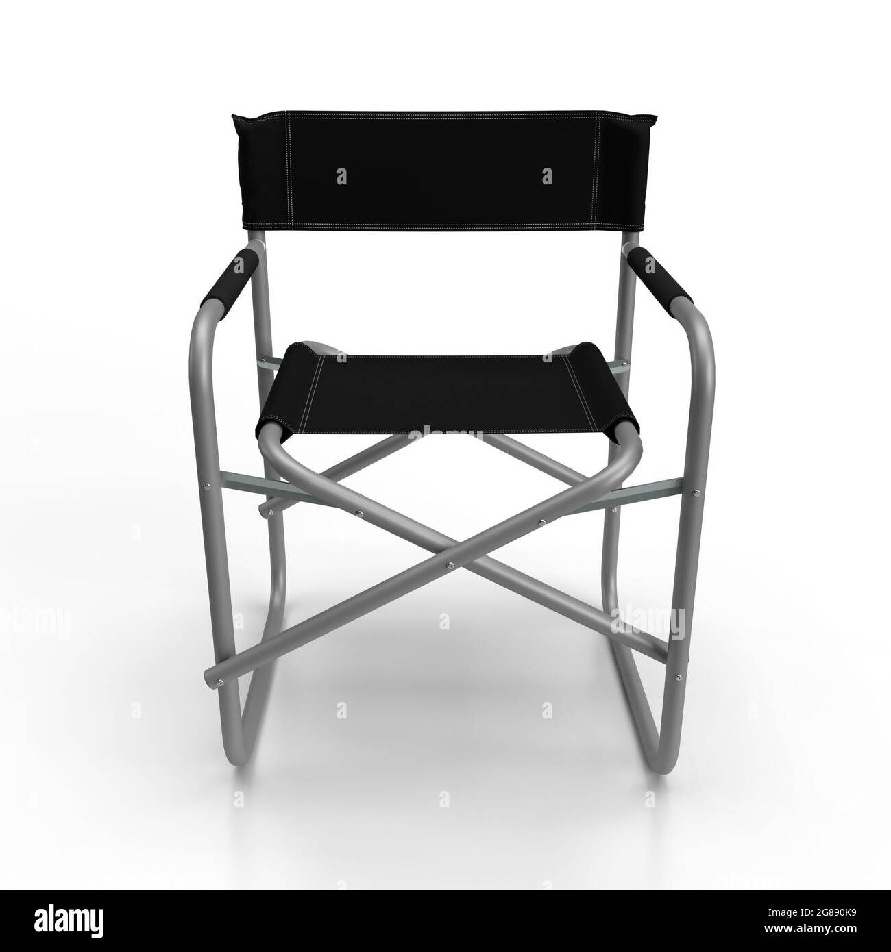 Directors chair rendu 3d d'une chaise pliante en aluminium avec siège noir et dossier noir avec lignes de couture isolées. Banque D'Images