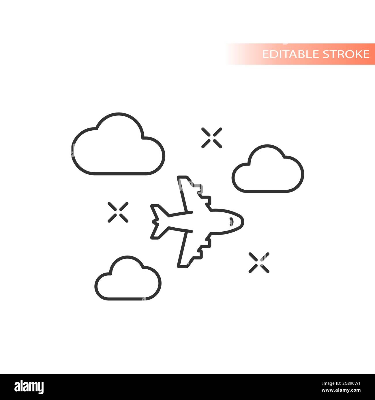 Avion volant dans le ciel avec icône nuages. Vecteur de contour modifiable. Illustration de Vecteur