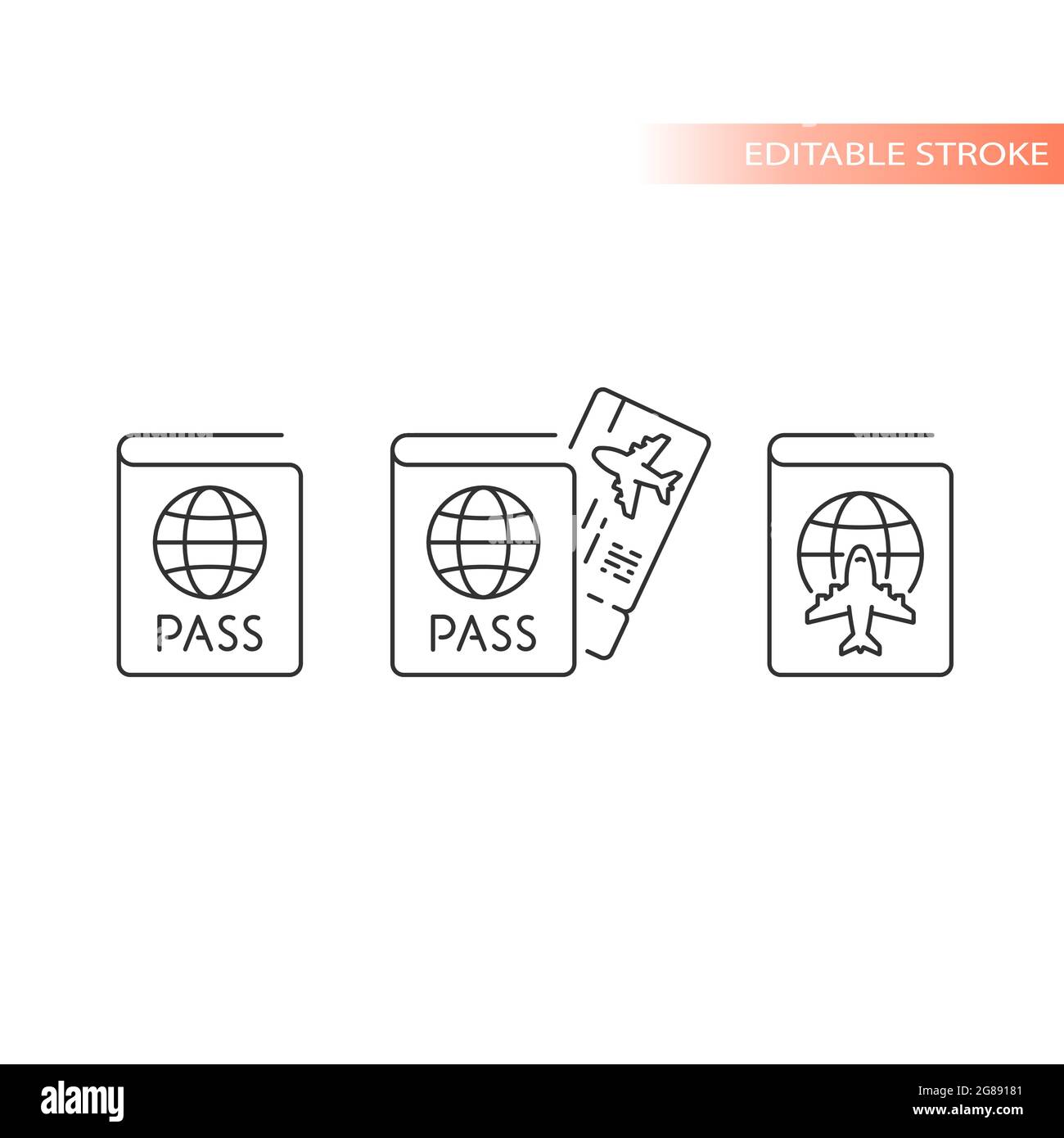 Passeport, icône vectorielle de la carte d'embarquement. Symbole de contour de billet d'avion, contour modifiable. Illustration de Vecteur