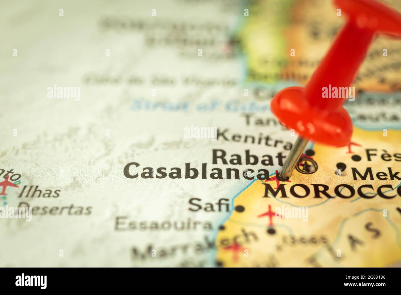 Lieu Casablanca au Maroc, carte avec punaise, concept voyage et voyage avec marqueur, Afrique Banque D'Images
