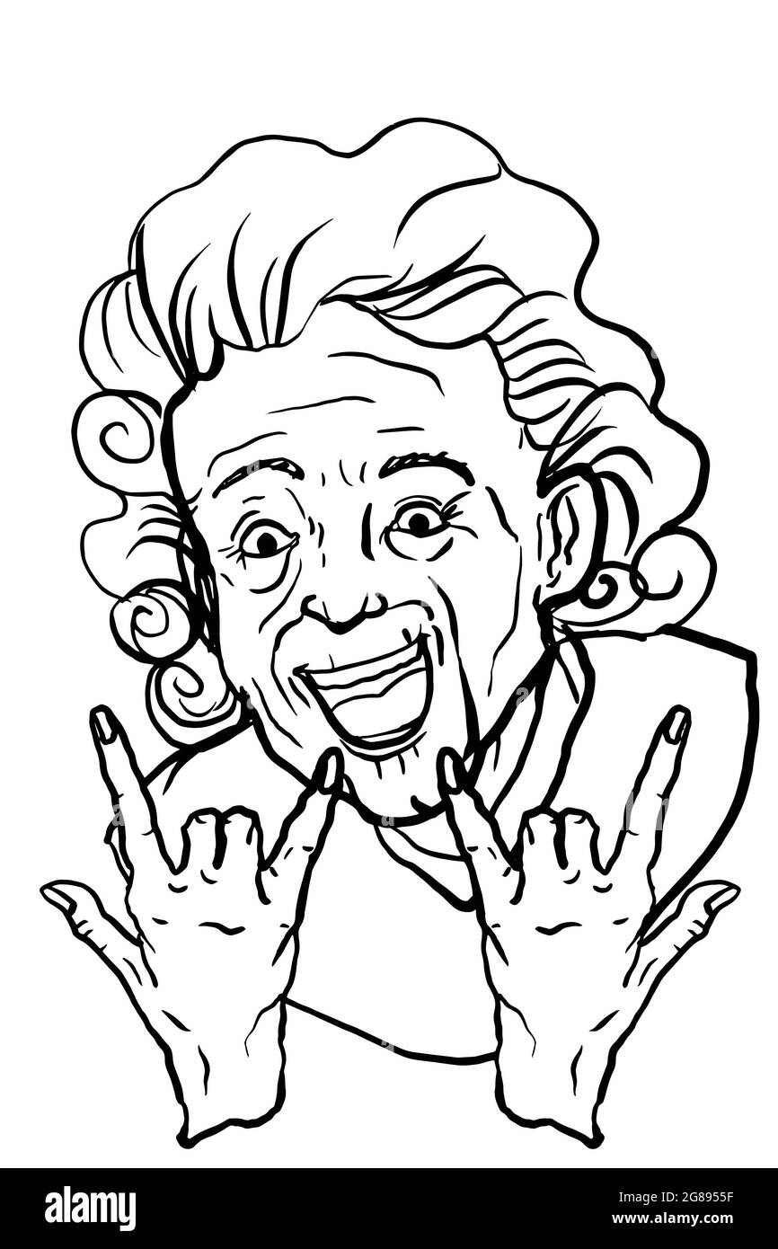 Grand-mère souriante ou personnages de vieille femme illustration portrait.dessin de ligne Banque D'Images