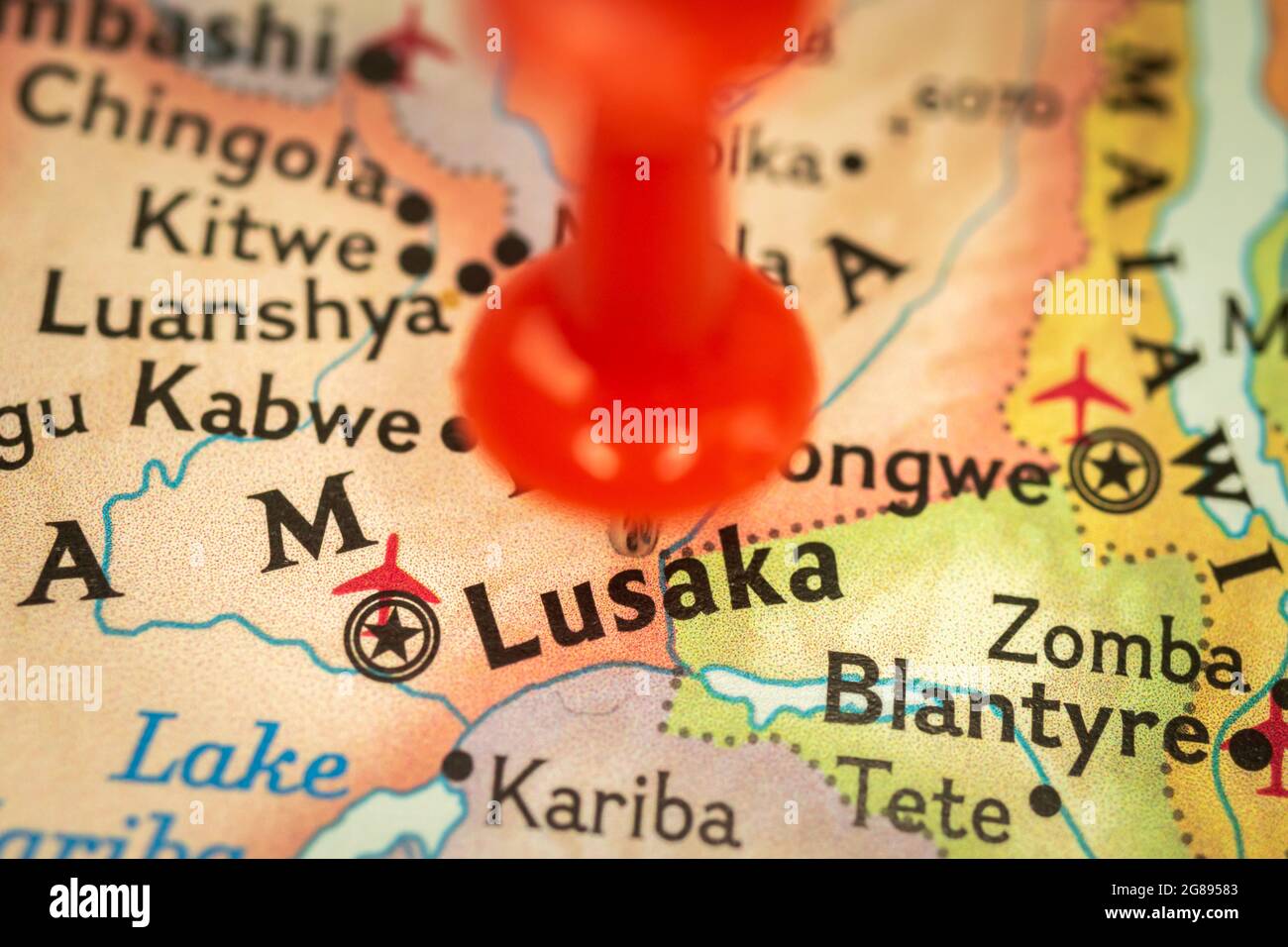 Emplacement Lusaka en Zambie, carte avec punaise, concept de voyage et de voyage avec marqueur, Afrique Banque D'Images