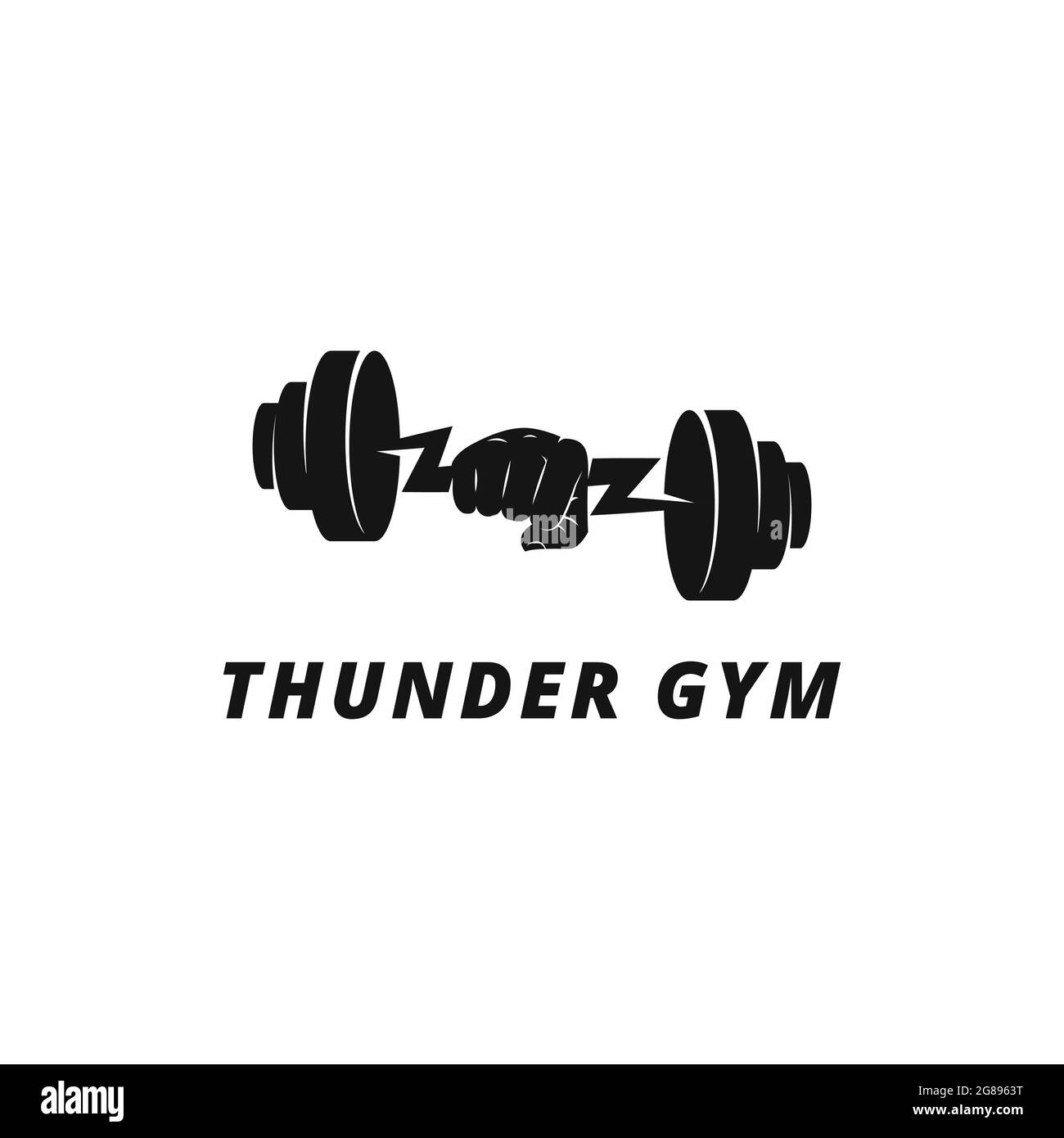 Modèle de conception de logo de vecteur de gym avec barbell tenant la main en forme de tonnerre, design pour centre de fitness Illustration de Vecteur