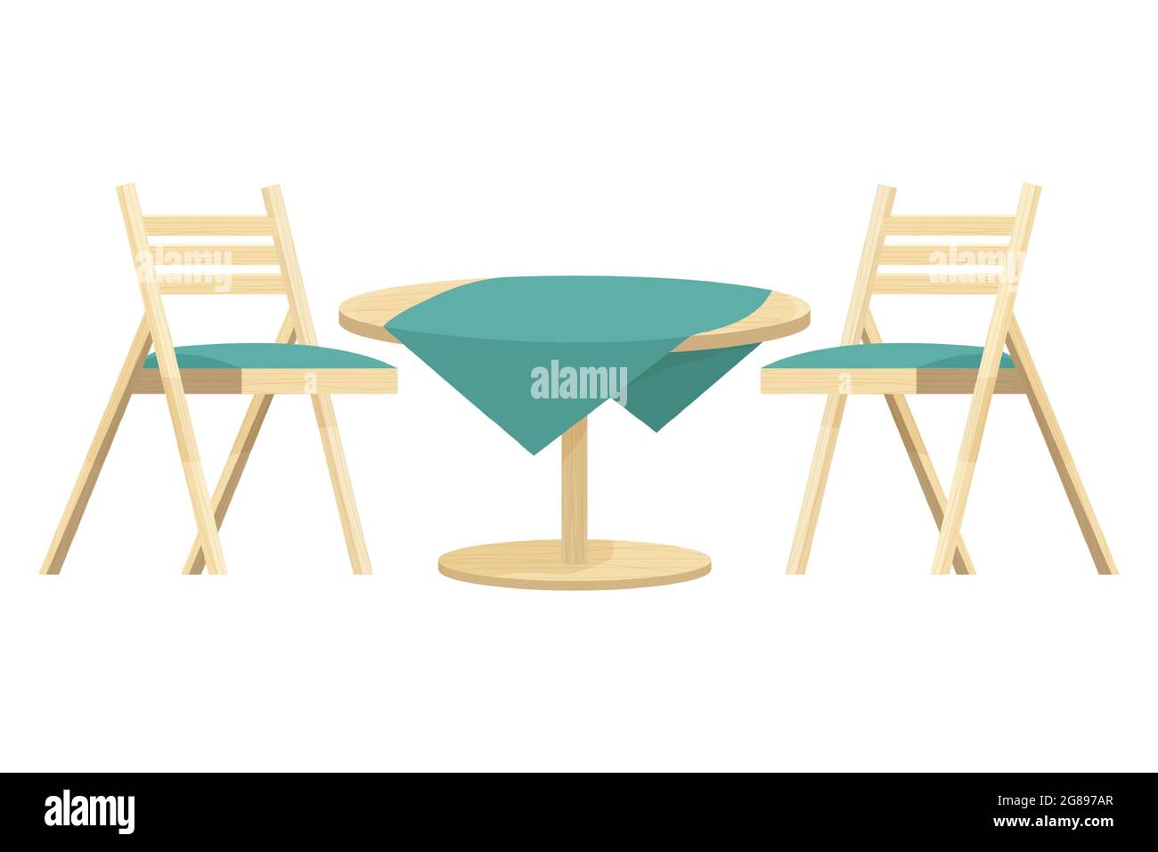 Table ronde en bois avec nappe et deux chaises texturées de style dessin animé isolées sur fond blanc. Jardin, meubles d'extérieur, décoration. Illustration vectorielle Illustration de Vecteur