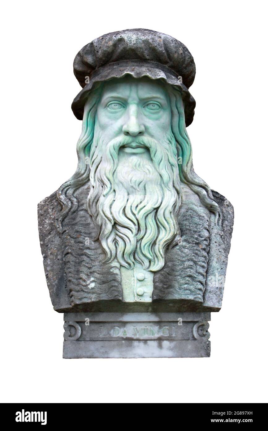 Une sculpture en marbre du grand inventeur et peintre, Leonardo Da Vinci Banque D'Images