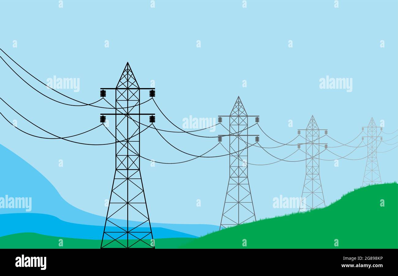 Ligne haute tension sur fond de prairies alpines. Illustration de Vecteur