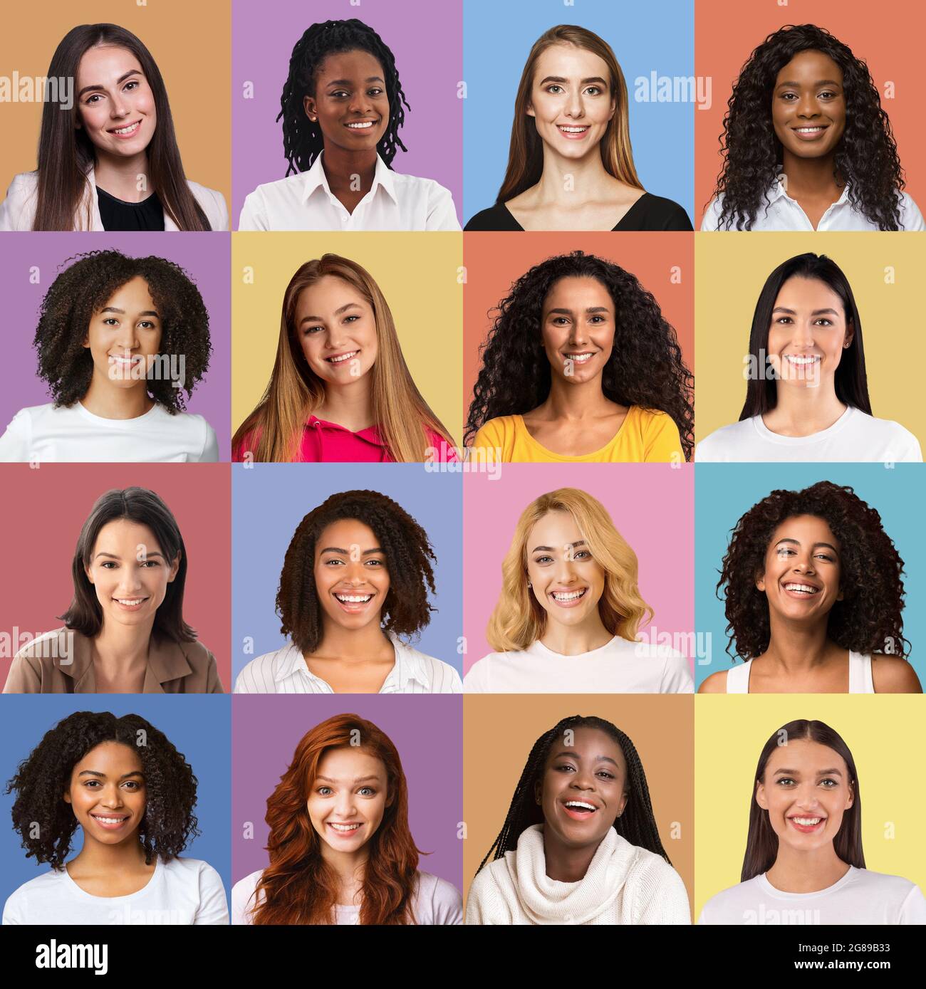 Joyeux jeunes femmes multiethniques, ensemble de portraits Banque D'Images