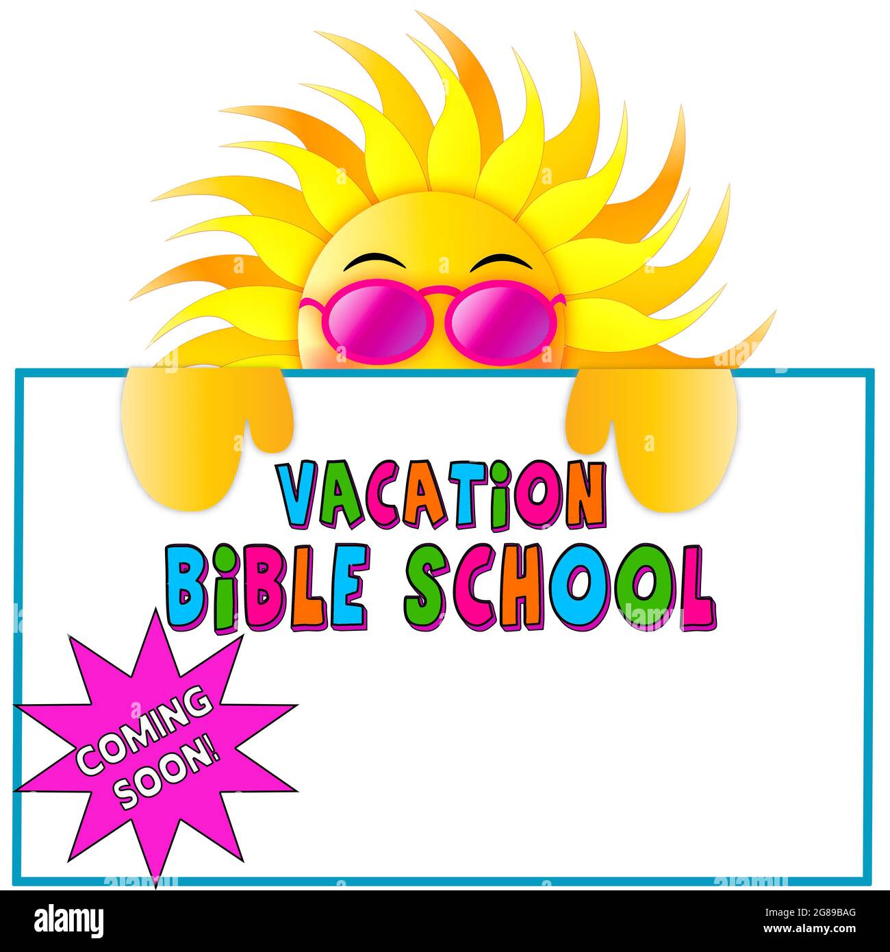 Carte graphique de l'école de la Bible de vacances avec le soleil portant des lunettes de soleil tenir l'affiche publicitaire Banque D'Images