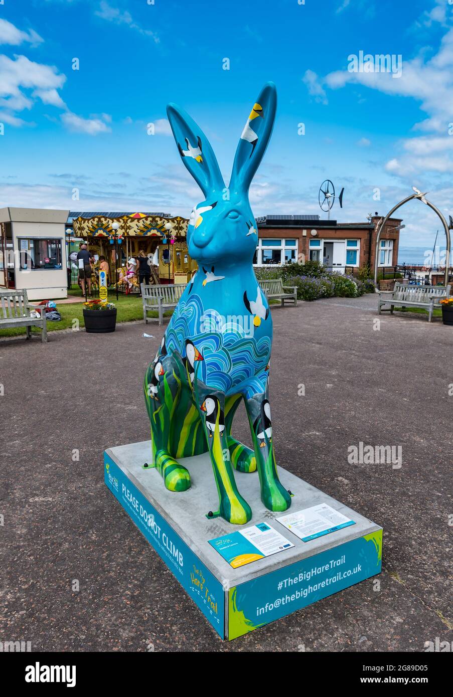 Sculpture d'œuvres d'art de lièvre géant décorée de puffins, événement Big Hare Trail, centre écossais d'oiseaux de mer, North Berwick, East Lothian, Écosse, ROYAUME-UNI Banque D'Images