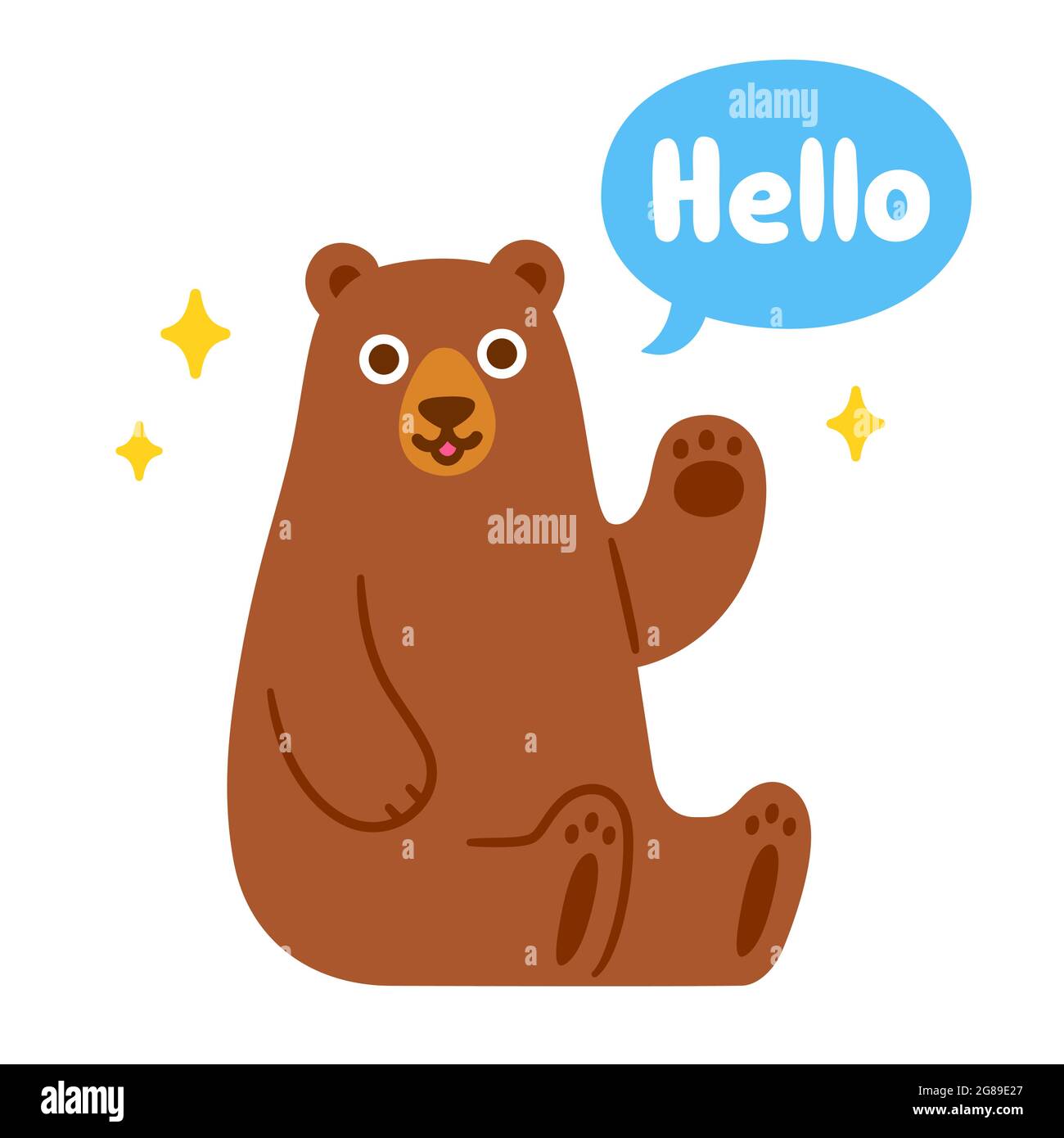 Un adorable ours de dessin animé assis et agitant avec une bulle de discours disant Bonjour. Personnage animal drôle, illustration vectorielle isolée. Illustration de Vecteur