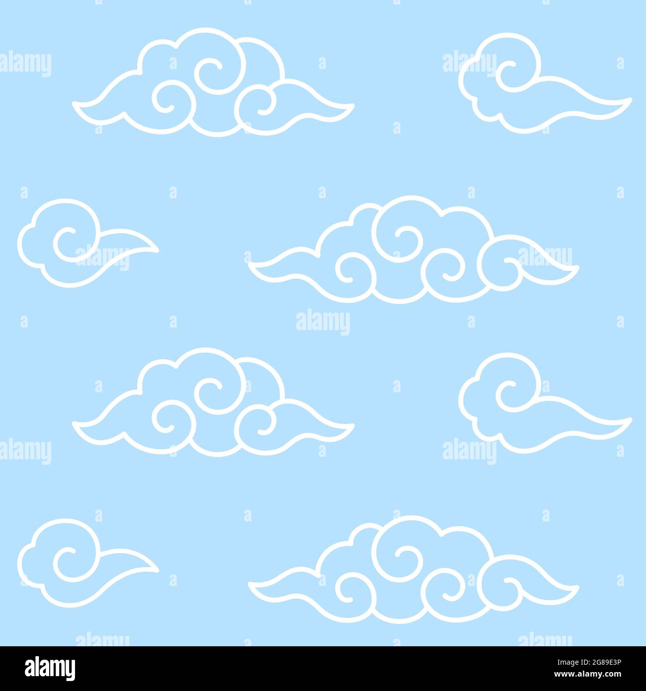 Nuages chinois ou japonais traditionnels avec spirales. Motif sans couture, fond bleu simple. Illustration vectorielle. Illustration de Vecteur