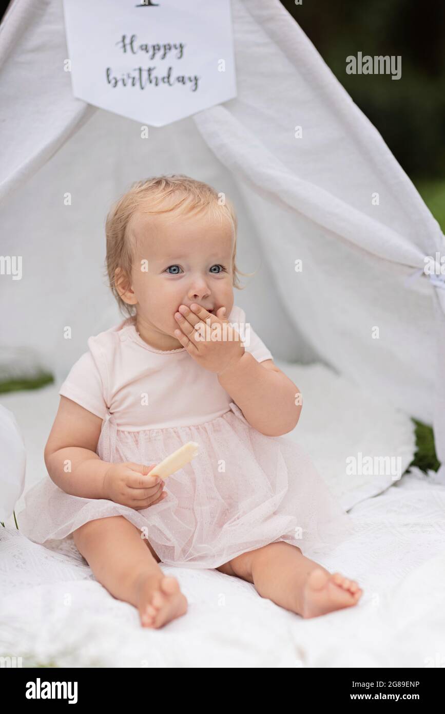 Portrait D Un Bebe Caucasien Mignon Avec Les Yeux Bleus Et Les Cheveux Blonds Belle Seance Photo Mise En Place Pour Bebe Fille Celebrant Un Anniversaire D Un An Photo Stock Alamy