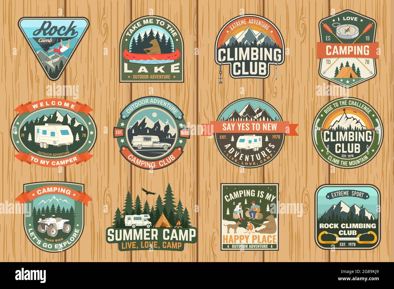 Ensemble de clubs d'escalade et badges de camps d'été. Concept vectoriel pour chemise ou imprimé, timbre, patch ou tee-shirt. Motif typographique vintage avec tente de camping Illustration de Vecteur