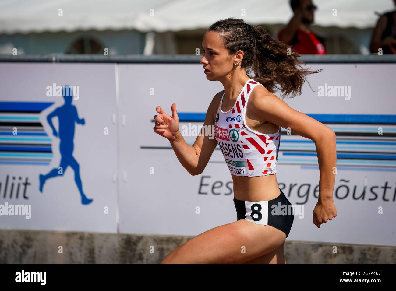 Ilana Hanssens photographiée en action lors de la course féminine de 400m haies aux championnats européens d'athlétisme U20, dimanche 18 juillet 2021 à Tallinn, es Banque D'Images