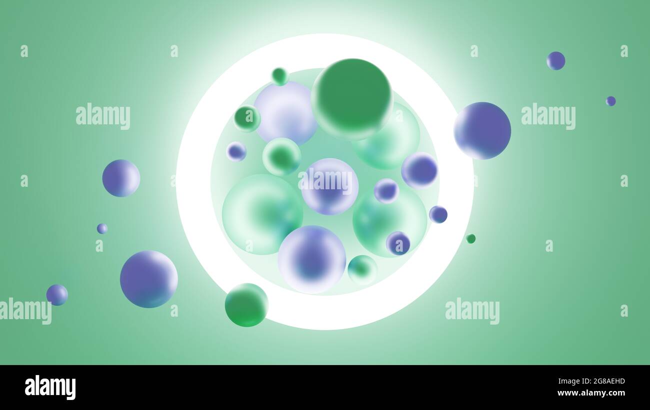 Illustration 3D abstraite de sphères flottantes et d'une lumière annulaire Banque D'Images