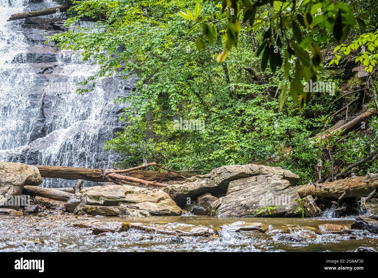Rochers et arbres tombés sous les chutes de Helton Creek dans la forêt nationale de Chattahoochee, en Géorgie du Nord, près de Blairsville. (ÉTATS-UNIS) Banque D'Images
