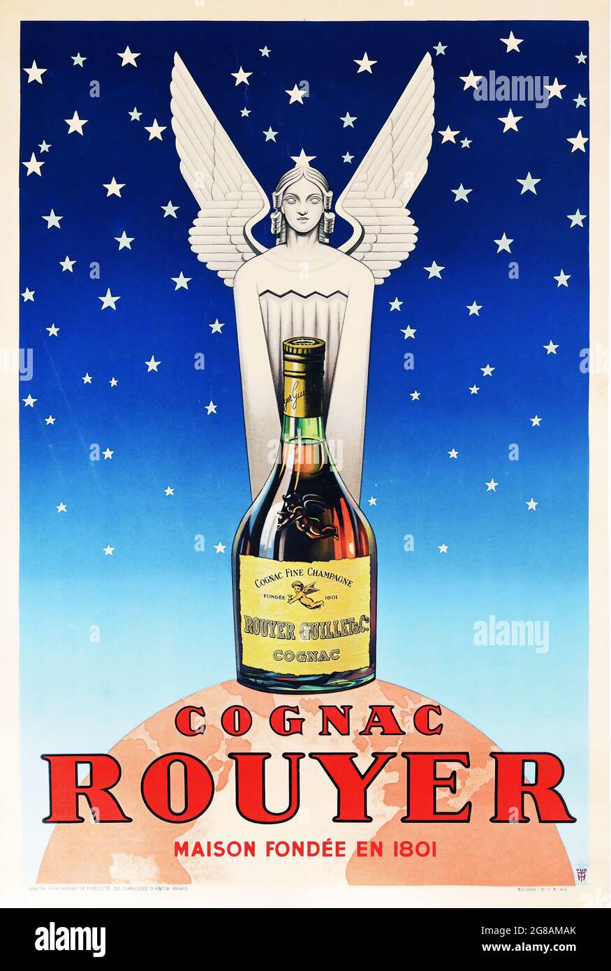 Rouyer de Cognac. Artiste inconnu. Publicité vintage pour cognac. C 1945. Affiche française. Affiche Art déco « Maison Fondee en 1801 ». Figurine argentée. Banque D'Images