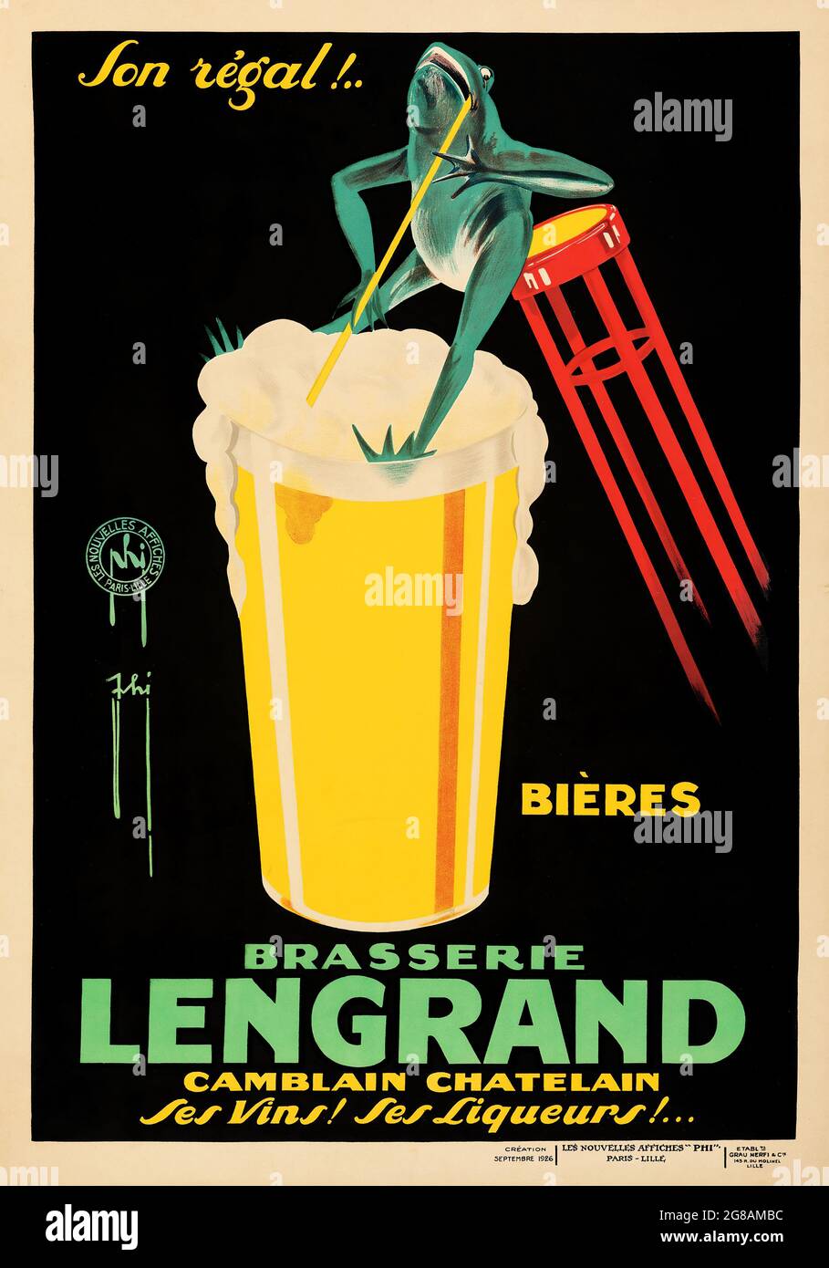 Brasserie Lengrand (Gran Nerfi Paris, 1926) Brasserie Lengrand. Une grenouille verte tombe d'un tabouret de bar dans une énorme pinte de bière. Artiste Paul Nerfy Banque D'Images