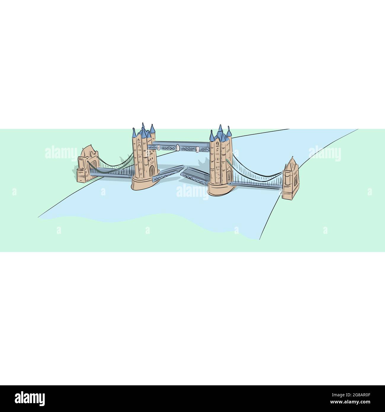 London Tower Bridge et la Tamise dessinées à la main avec des lignes noires isolées sur fond blanc illustration vecteur Illustration de Vecteur