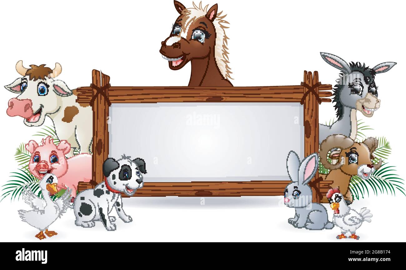 Animaux de ferme avec un panneau vierge en bois Illustration de Vecteur