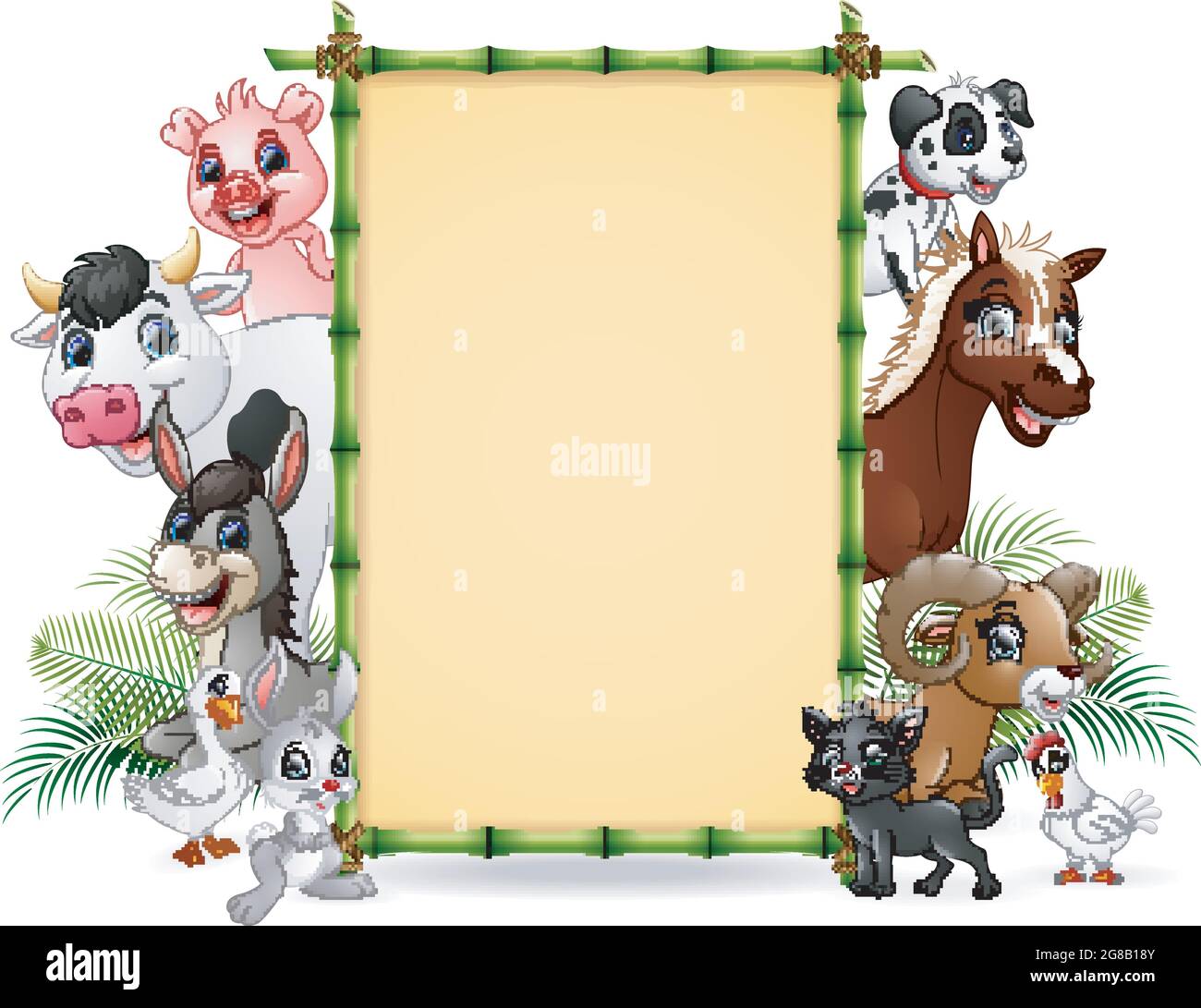 Animaux de ferme avec un panneau blanc bambou Illustration de Vecteur