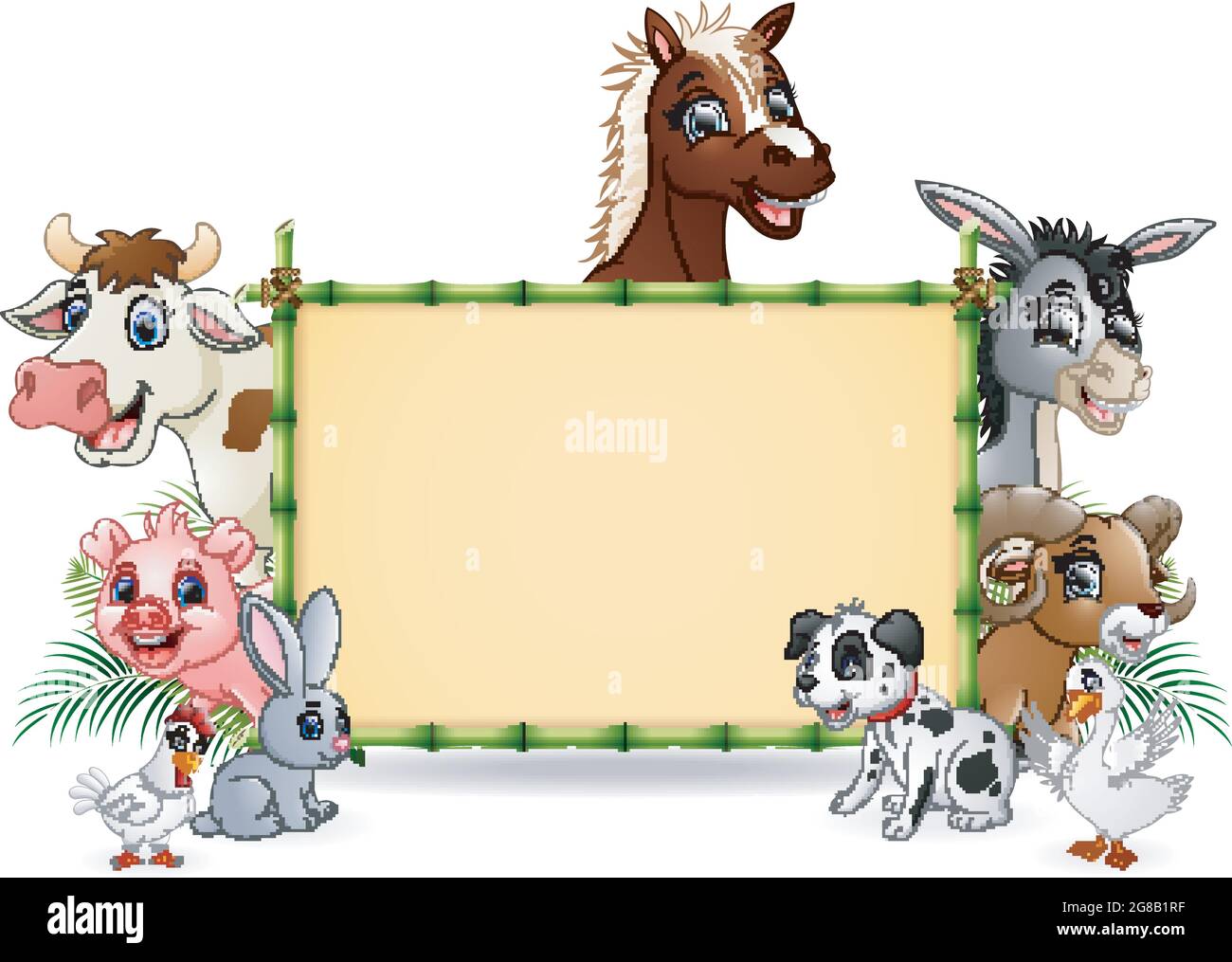 Animaux de ferme avec un panneau blanc bambou Illustration de Vecteur