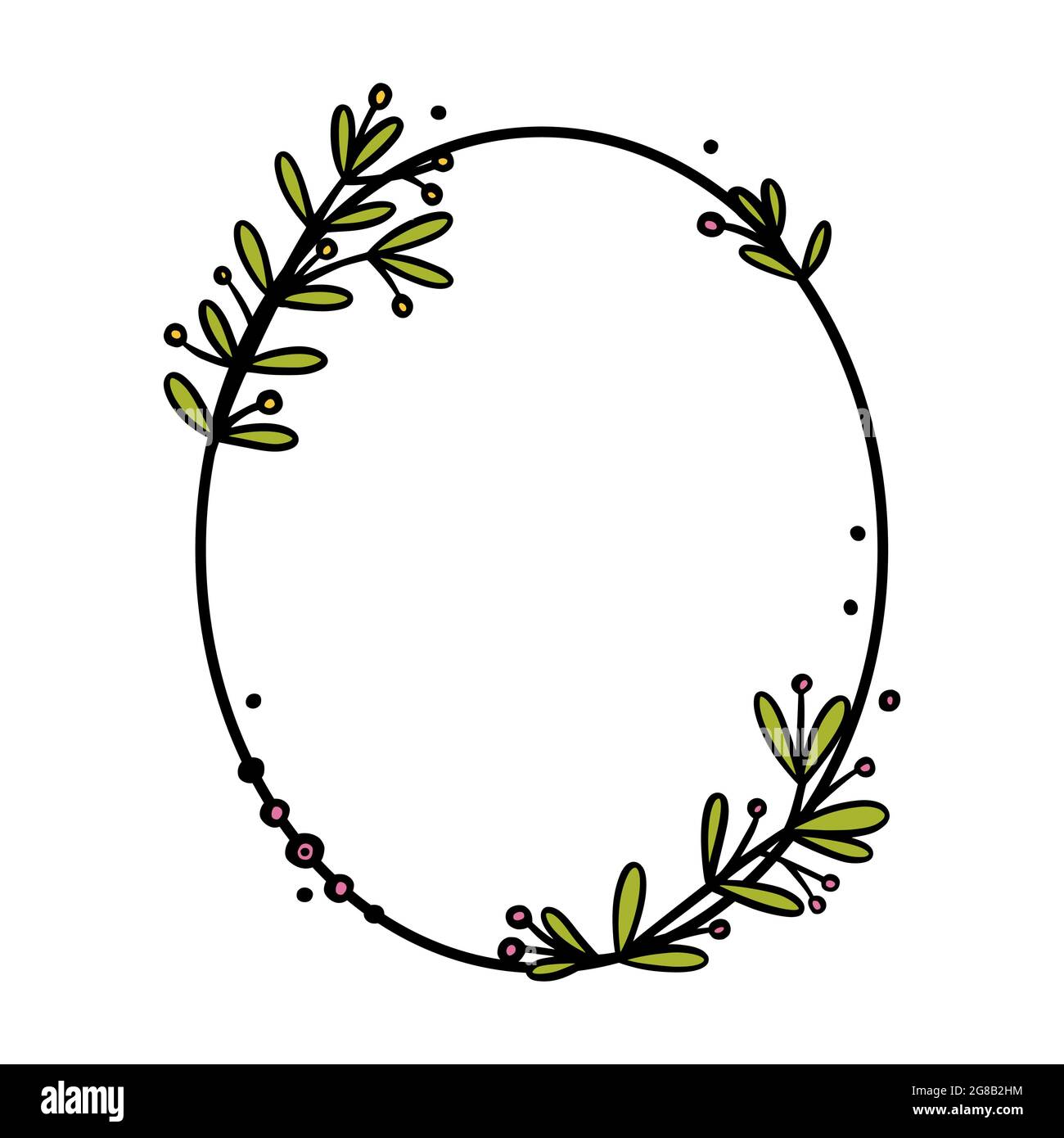 Séparateur de couronne vintage avec fleurs dessinées à la main. Couronne ovale avec feuilles et fleurs de couleur. Illustration vectorielle Doodle isolée en blanc Illustration de Vecteur