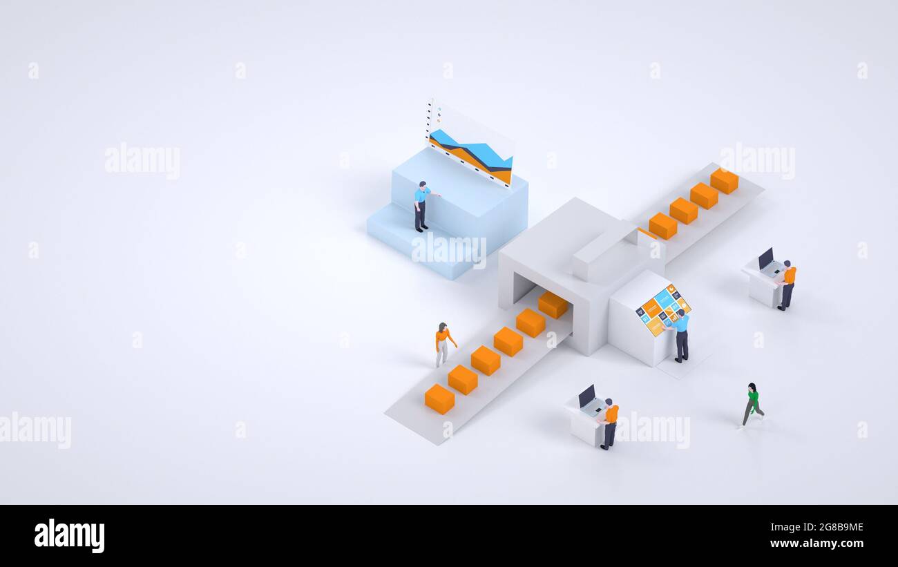 Point de livraison des commandes, graphiques 3d. Modèles 3D. Tri en ligne des commandes et des colis. Achats en ligne. Système de livraison Banque D'Images