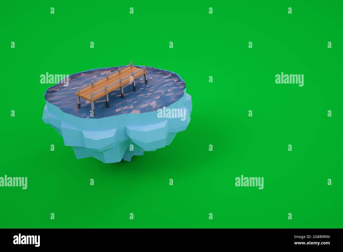 Petit modèle 3D d'un pont sur l'eau. Petit modèle d'une île avec un pont. Graphiques informatiques. Pont isolé sur fond vert Banque D'Images
