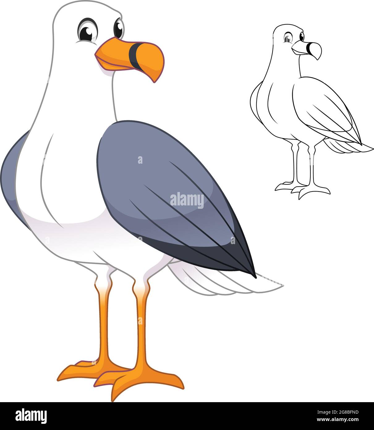 Mouette mignon debout avec dessin au trait d'art, oiseaux d'animaux, illustration de personnages vectoriels, logo de mascotte de dessin sur fond blanc isolé. Illustration de Vecteur