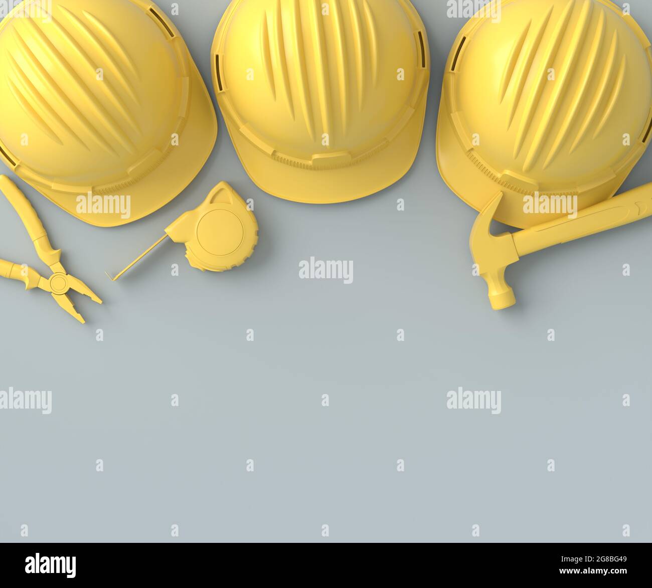 Vue de dessus des outils de construction monochromes pour la réparation et l'installation sur fond gris et jaune. rendu 3d et illustration de la bannière de service f Banque D'Images Vue de dessus des outils de construction monochromes pour la réparation et l'installation sur fond gris et jaune. rendu 3d et illustration de la bannière de service f Banque D'Images