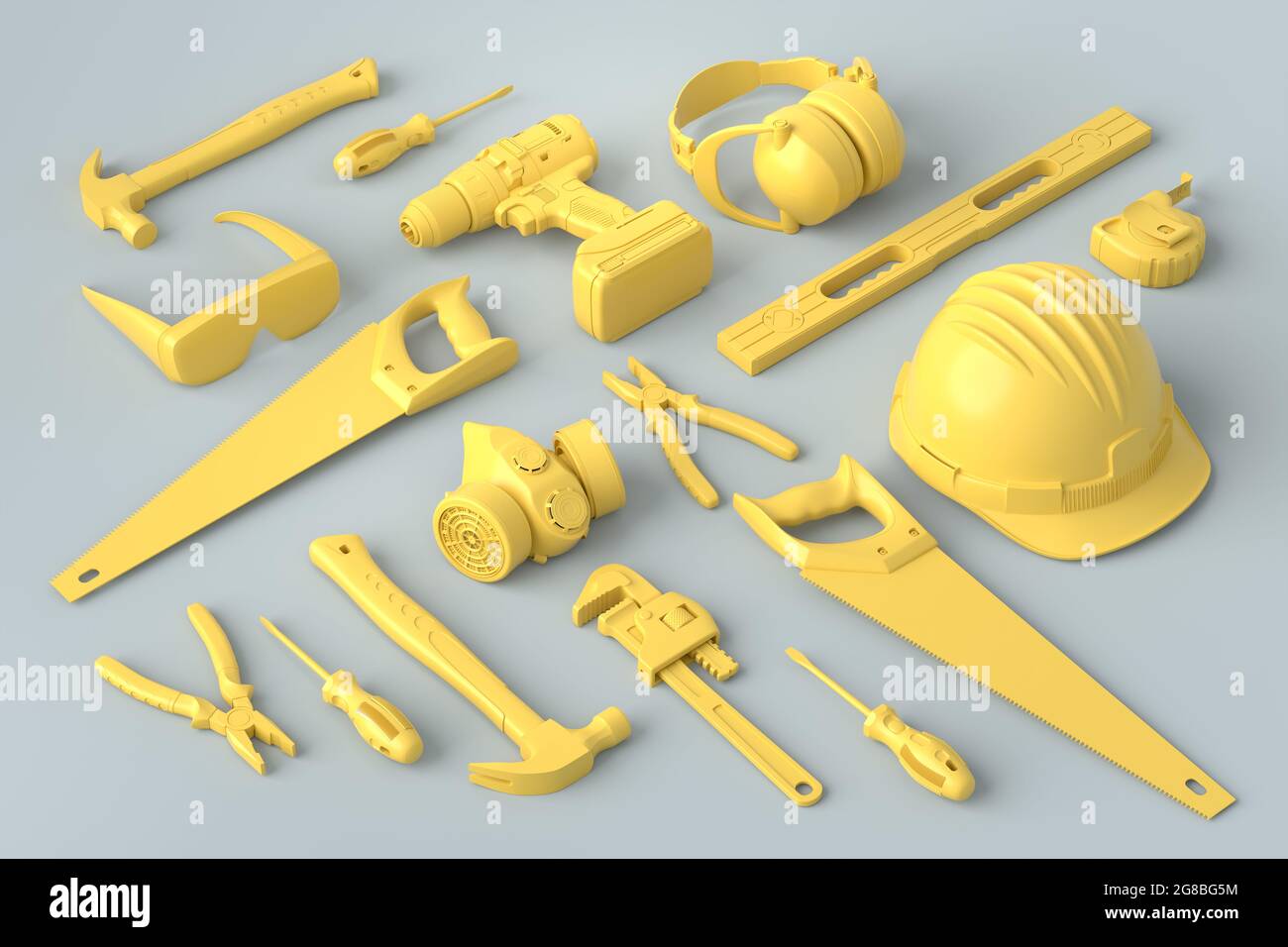 Vue isométrique des outils de construction monochromes pour la réparation et l'installation sur fond gris et jaune. rendu 3d et illustration du service ba Banque D'Images Vue isométrique des outils de construction monochromes pour la réparation et l'installation sur fond gris et jaune. rendu 3d et illustration du service ba Banque D'Images