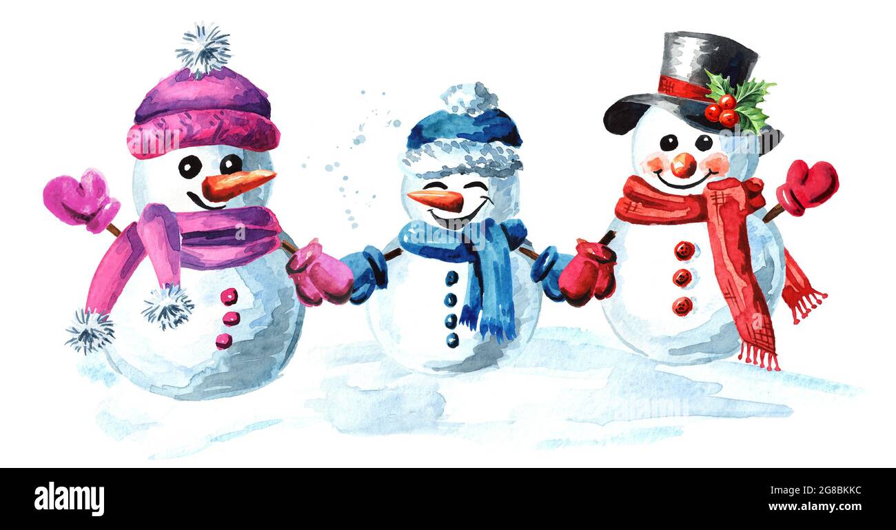 Bonne famille bonhomme de neige en bonnet, écharpe et moufles. Aquarelle  illustration dessinée à la main isolée sur fond blanc Photo Stock - Alamy