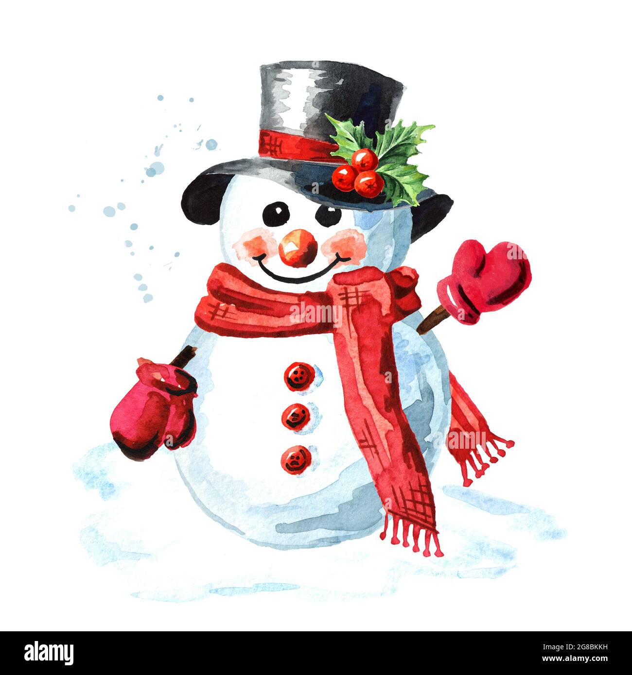 Bonhomme de neige dans un chapeau melon noir, un foulard rouge et des  moufles Photo Stock - Alamy