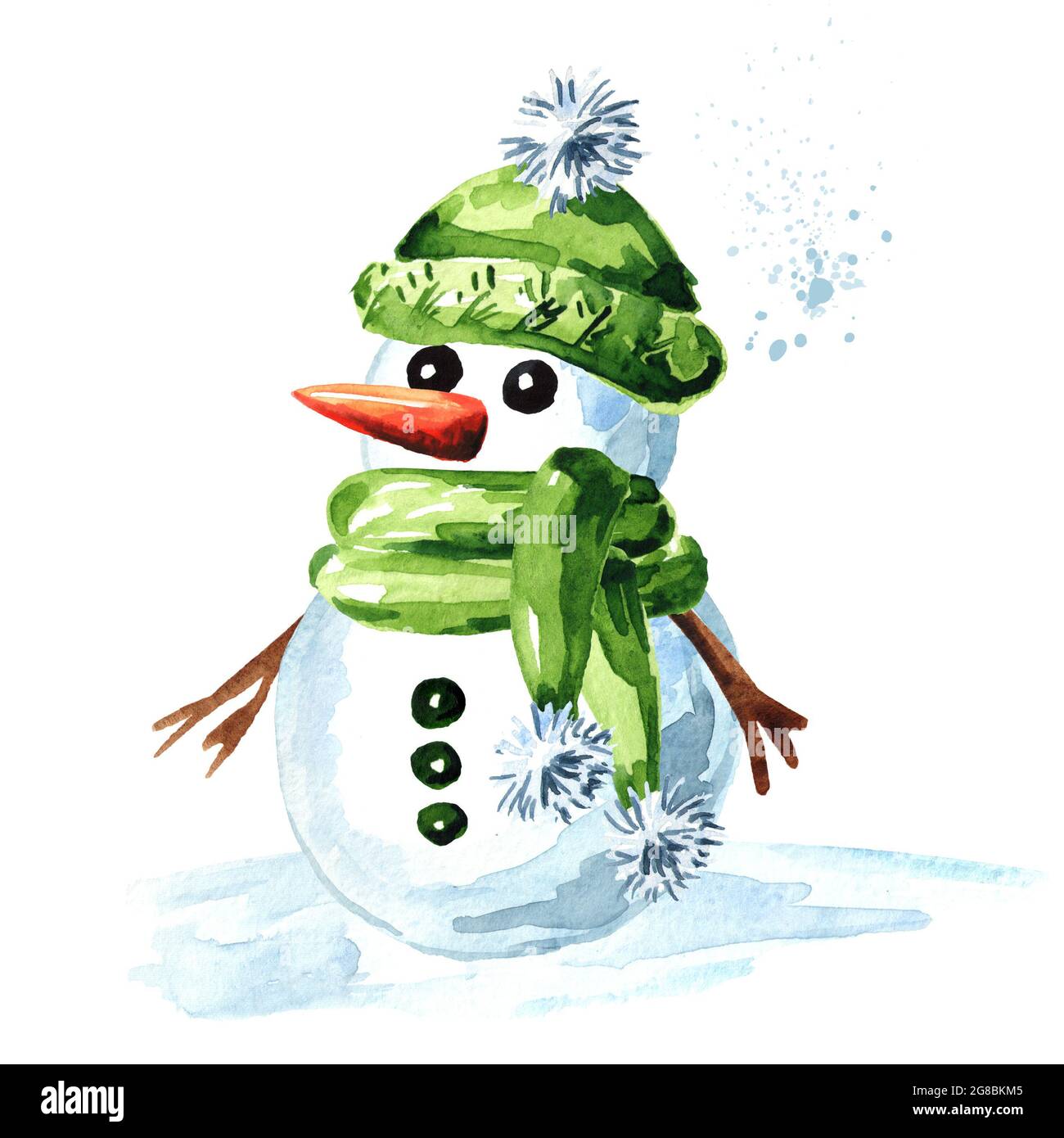 Bonhomme de neige gai avec bonnet, écharpe et moufles verts. Aquarelle  illustration dessinée à la main isolée sur fond blanc Photo Stock - Alamy