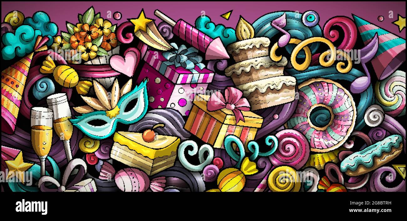 Joyeux Anniversaire Banderole En Forme De Caniche Dessinee A La Main Brochure Detaillee Du Vecteur De Dessin Anime Illustration Avec Objets Et Symboles De Vacances Arriere Plan Horizontal Colore Image Vectorielle Stock