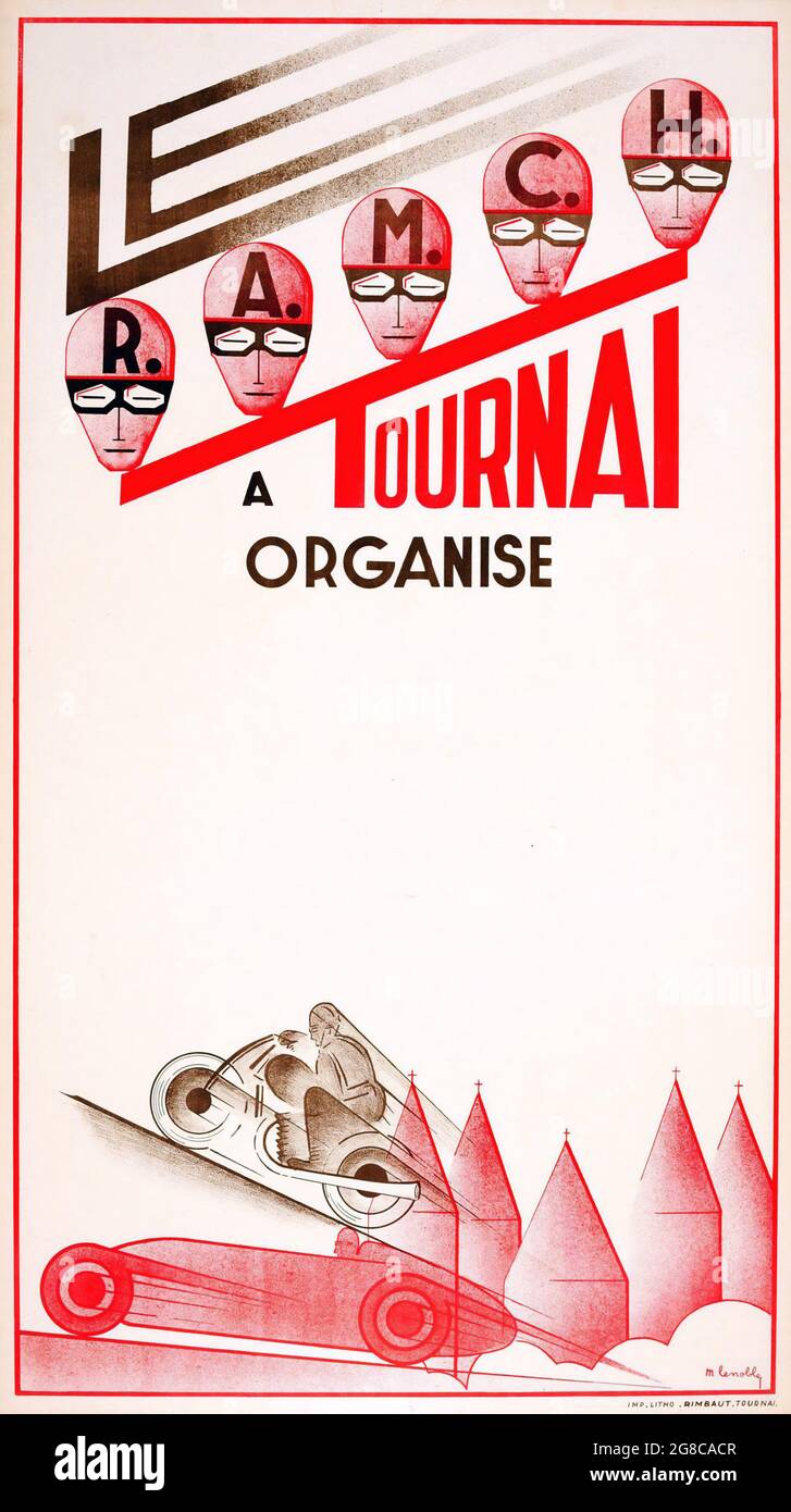 Affiche Vintage car des années 1920 : le R.A.M.C.H. a Tournai organise des courses françaises. Artiste M. Lenoble, France. Banque D'Images