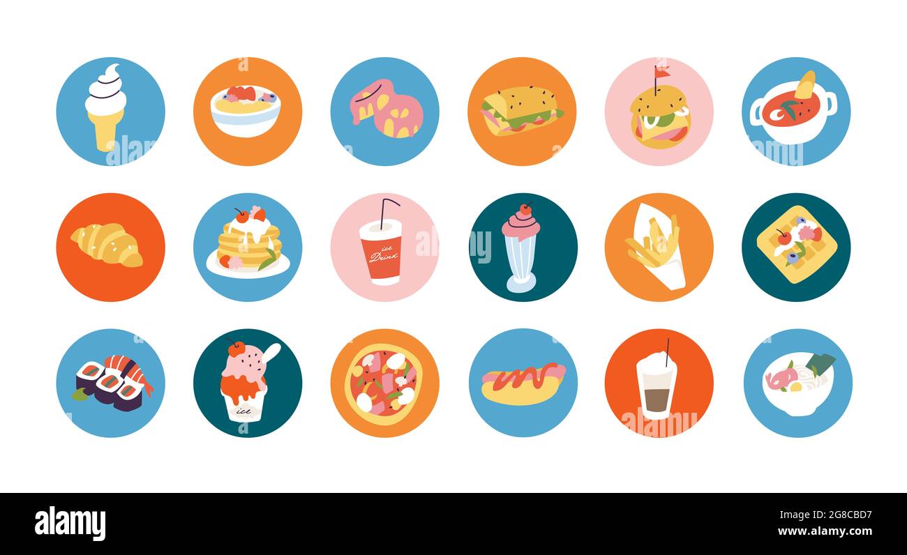 Vector définit différentes icônes rondes pour les histoires de médias sociaux ou le modèle d'avatar. Nourriture savoureuse, vocation, beauté. Banque D'Images